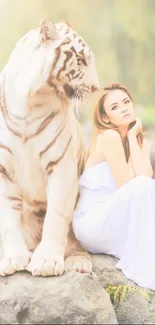 White tiger sitting beside a woman in nature.