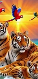 Tigers relaxing at sunset with colorful parrots in vivid artwork.