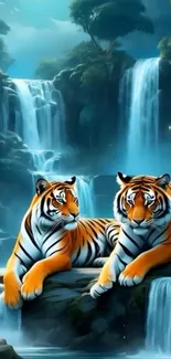 Two majestic tigers by cascading waterfalls in a serene landscape.