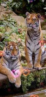 Two majestic tigers by a tranquil stream in lush greenery.