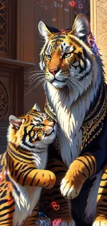 Artistic rendering of two majestic tigers on elegant stairs.