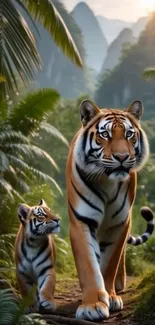 Two tigers walking in a lush jungle.