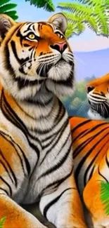 Two majestic tigers in a lush jungle setting with vibrant colors.