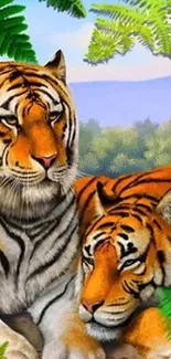 Illustration of two tigers in a vibrant jungle setting with lush greenery.