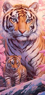 Majestic tiger and cub in pink floral forest.