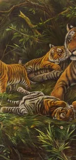 Tiger family resting in a lush jungle setting with rich green foliage.