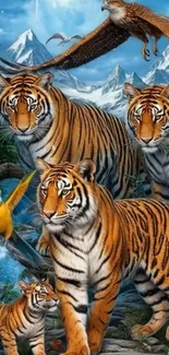 Majestic tigers and birds in a vibrant mountain forest.