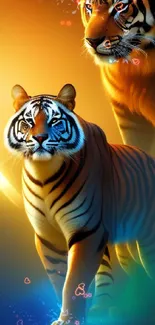 Two majestic tigers bask in a vibrant glow with orange and blue hues.