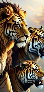 Mobile wallpaper of majestic lion and tigers outdoors.