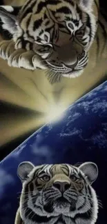 Majestic tigers overlooking Earth from space in cosmic wallpaper.