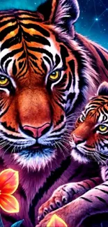 Illustration of two tigers in a colorful night jungle scene.