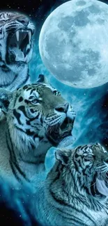 Three majestic tigers roaring under a bright full moon with a celestial blue background.