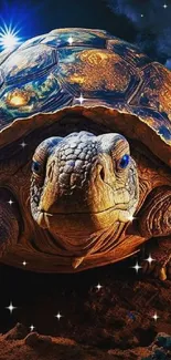 Majestic tortoise in a surreal fantasy landscape with cosmic elements.