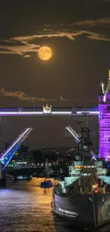 Tower Bridge at night under a full moon with vibrant lights reflecting on water.