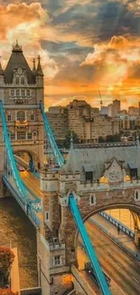 Stunning view of London’s Tower Bridge at sunset, with vibrant clouds.