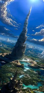Fantasy tower reaches into a blue sky.