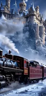 Steam train passing a majestic castle in a snowy landscape.