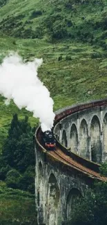 Steam train crosses iconic green viaduct.