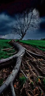 Lone tree under a dark stormy sky in a dramatic landscape.