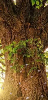 Majestic tree with sunlight and green leaves mobile wallpaper.