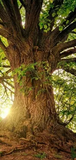 Majestic tree with sunlight filtering through green leaves.