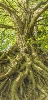 Majestic tree with sprawling roots and green leaves wallpaper.