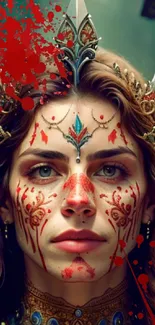 Portrait of a fantasy tribal queen with ornate face paint and a crown.