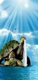 Fantasy turtle island with waterfall under a vibrant blue sky.