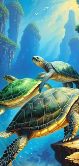 Three sea turtles swimming in a vibrant fantasy sky landscape.