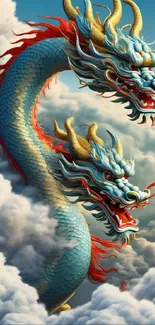 Twin dragons soaring in cloudy sky art.