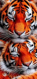 Twin tigers resting with eyes closed, showcasing vibrant orange and black stripes.