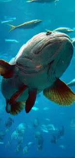 An underwater scene featuring a large fish swimming peacefully.