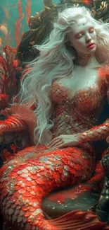 Fantasy mermaid underwater surrounded by coral with flowing hair.