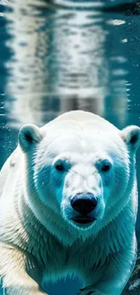 Majestic polar bear swimming underwater in vivid blue hues.