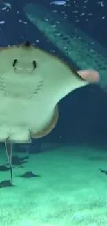 Graceful stingray gliding underwater, surrounded by aquatic life.