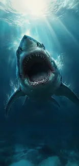 Dramatic underwater scene of a shark charging upwards.