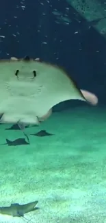 A graceful stingray glides underwater, surrounded by a tranquil marine setting.