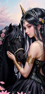 Fantasy wallpaper with maiden and unicorn among cherry blossoms.