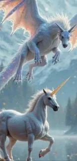 Epic fantasy wallpaper with unicorn and dragon.
