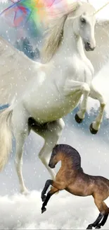 A majestic unicorn and horse in a snowy fantasy landscape.