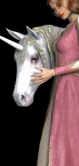 Elegant lady with unicorn in fantasy art wallpaper.