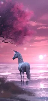 Unicorn standing by a purple ocean at dusk, with a pink tree and setting sun.