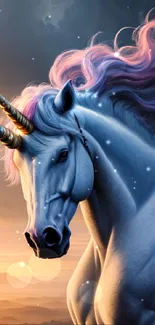 Majestic unicorn with golden horns against a vibrant sunset, perfect for fantasy lovers.