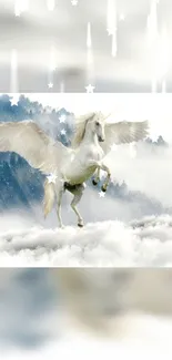 Majestic unicorn soaring above dreamy clouds with sparkling stars.