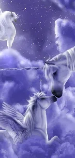 Purple sky with unicorns among soft clouds.