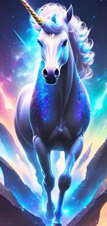 Majestic unicorn in a cosmic scene, vibrant blues and purples abound.