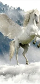 Majestic unicorn with wings flying over snowy mountains.