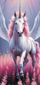 Majestic unicorn with wings in a pink forest.