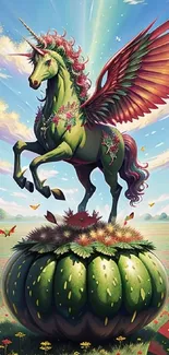 Fantasy wallpaper featuring a green unicorn with wings and flowers.