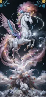 Majestic unicorn in a magical cloud scene with vibrant colors and ethereal elements.